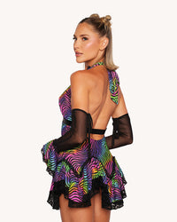 Kaleido Swirl Ruffle Halter Dress with Sleeves