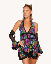 Kaleido Swirl Ruffle Halter Dress with Sleeves