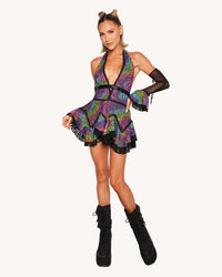 Kaleido Swirl Ruffle Halter Dress with Sleeves