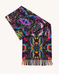 Psytrance Planet Pashmina folded - black and neon rainbow kaleidoscope print with fringe