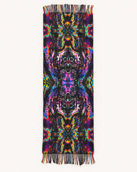 Psytrance Planet Pashmina full flat lay - black and neon rainbow kaleidoscope print