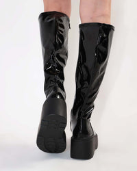 Bad Decisions Knee-High Zip-Up Patent Boots-Black-Back