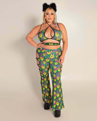 Liquid Realm Side Cutout Bell Bottoms-Green/Purple/Yellow-Curve1-Full--Courtney2---1X