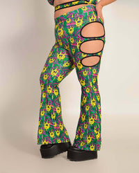Liquid Realm Side Cutout Bell Bottoms-Green/Purple/Yellow-Curve1-Side--Courtney2---1X