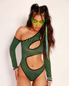 Pixel Perfect Cutout Long Sleeve Bodysuit-Black/Green-Front--Danelly---S